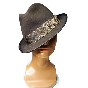 Kathy Jeanne Millinery Brown 100 % WoolFelt Fedora Paisley Band Retro Feel LARGE